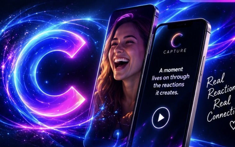 The glowing Capture C beside a phone showing a woman laughing — a moment lives on through the reactions it creates